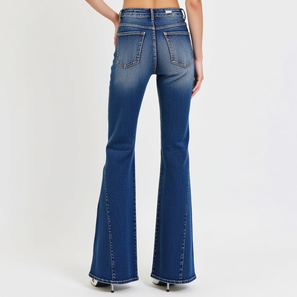 High Rise Flare Jeans with Button Fly and Distressed Detail