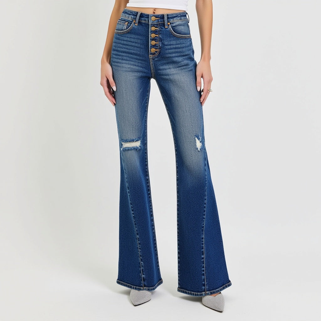 High Rise Flare Jeans with Button Fly and Distressed Detail