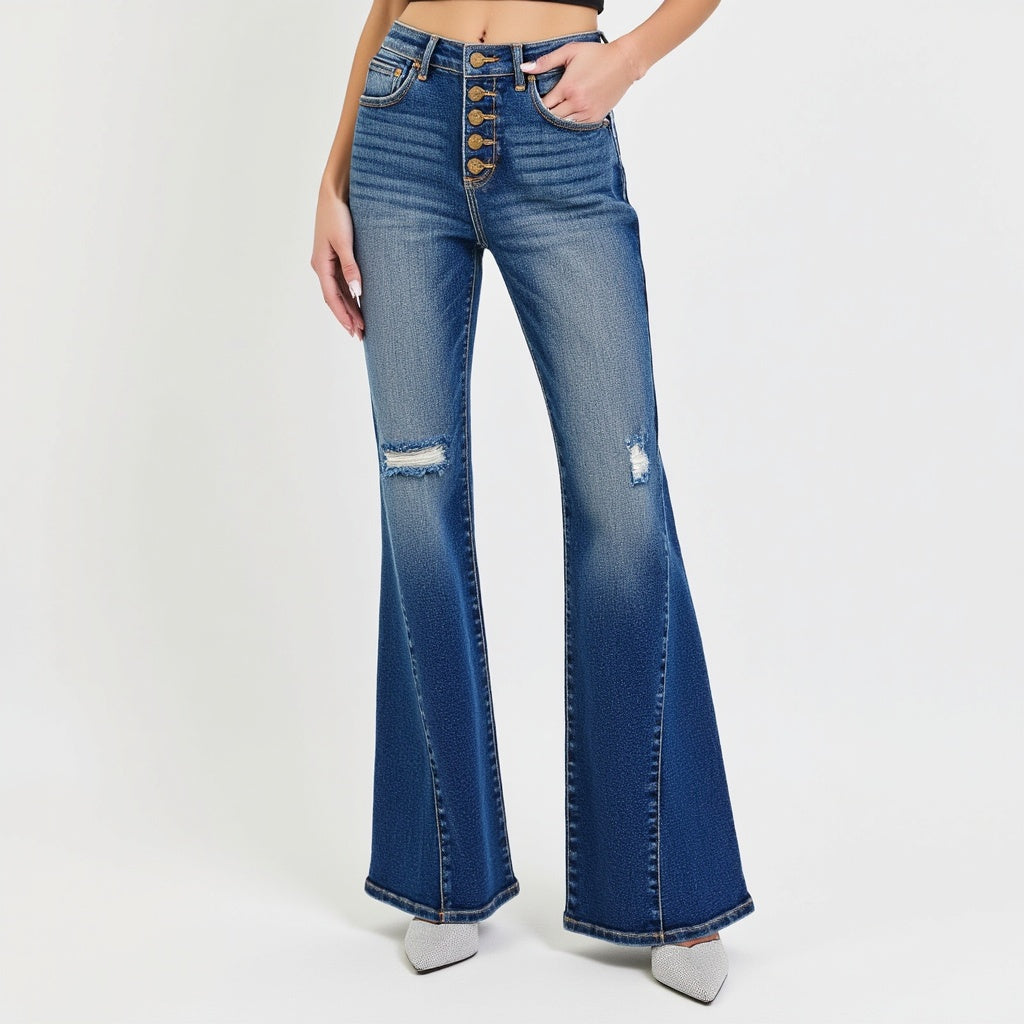 High Rise Flare Jeans with Button Fly and Distressed Detail