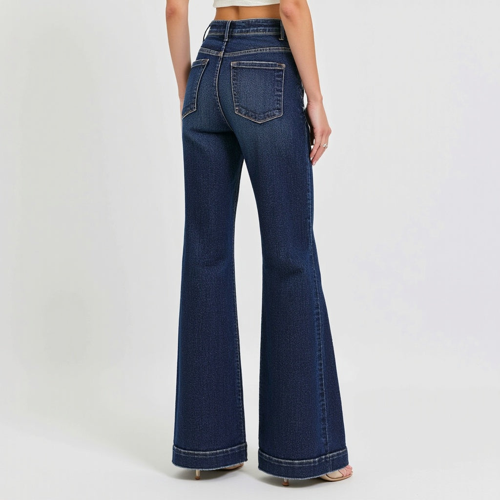 High Waist Flare Jeans with Front Patch Pockets in Dark Indigo