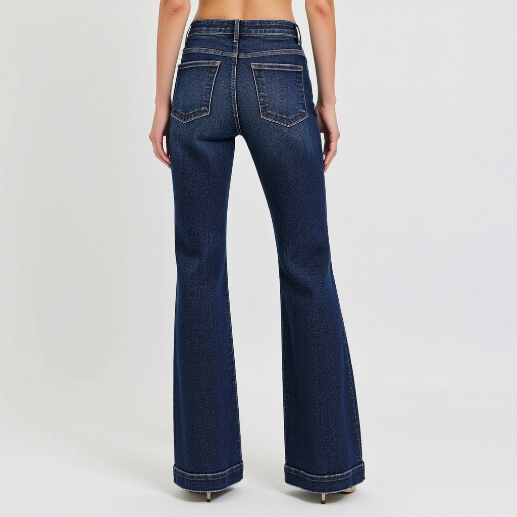 High Waist Flare Jeans with Front Patch Pockets in Dark Indigo