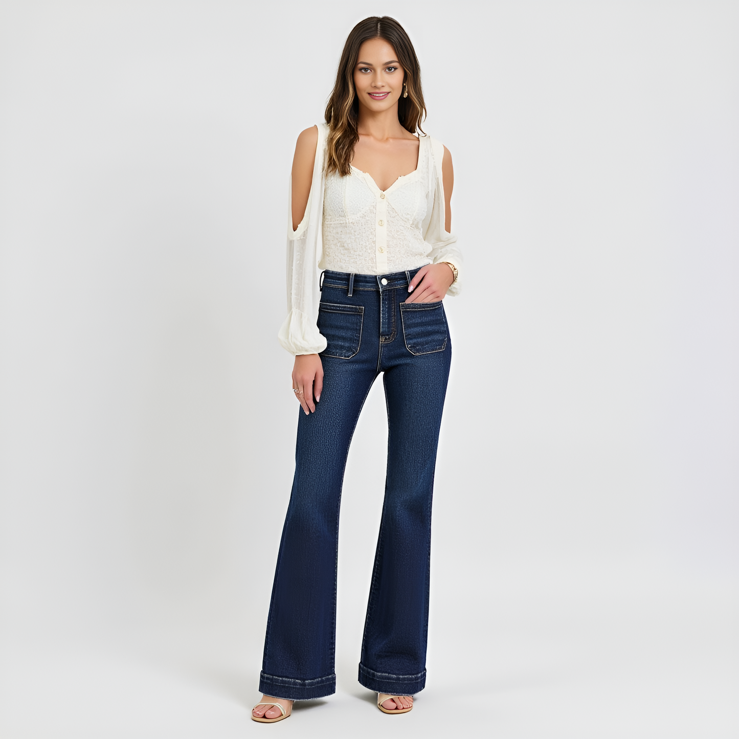 High Waist Flare Jeans with Front Patch Pockets in Dark Indigo