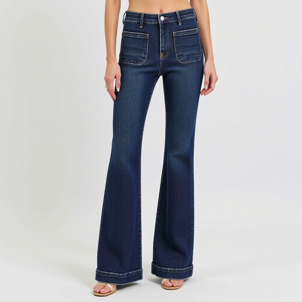 High Waist Flare Jeans with Front Patch Pockets in Dark Indigo