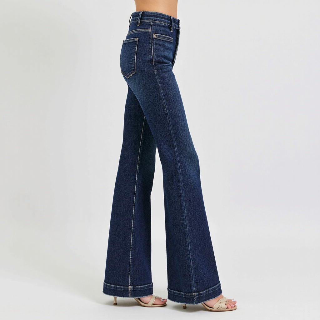 High Waist Flare Jeans with Front Patch Pockets in Dark Indigo