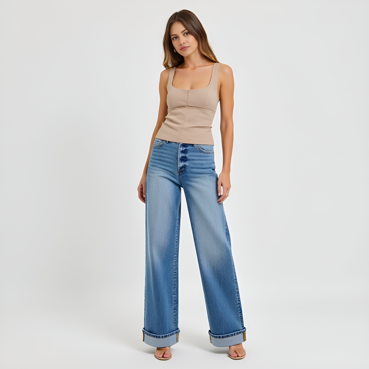 Wide Leg Button-Fly Cuffed Jeans with Front Patch Pockets