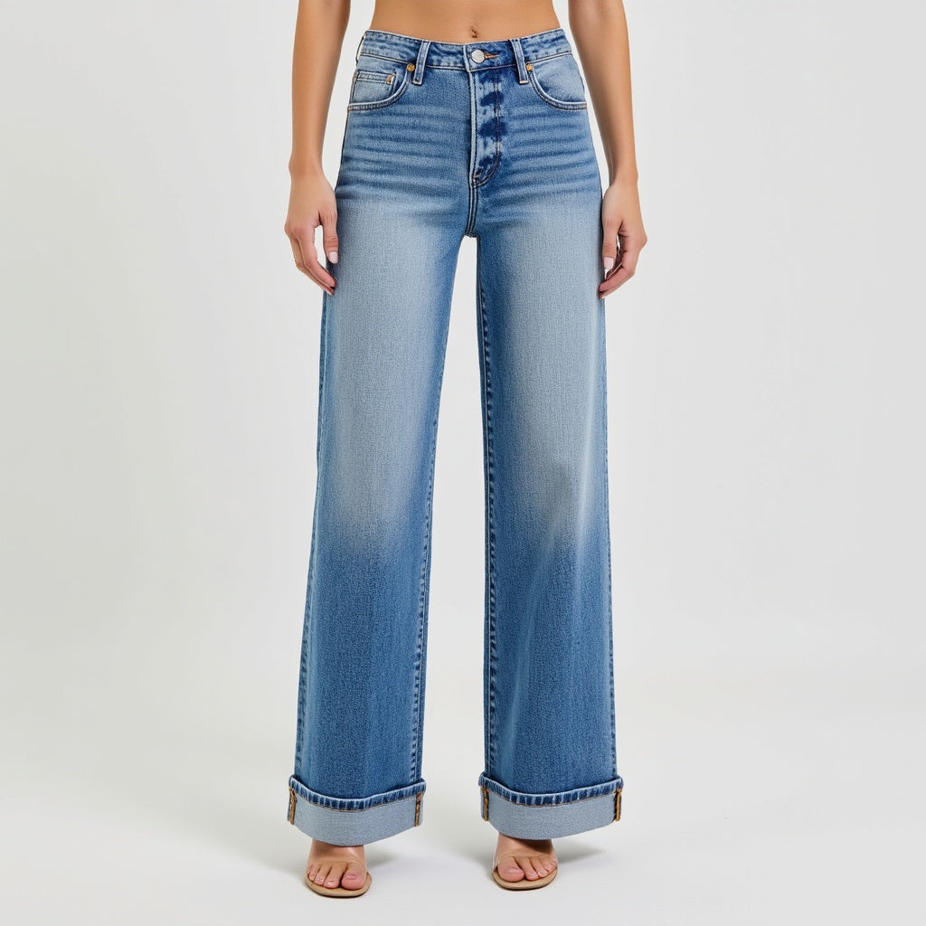 Wide Leg Button-Fly Cuffed Jeans with Front Patch Pockets