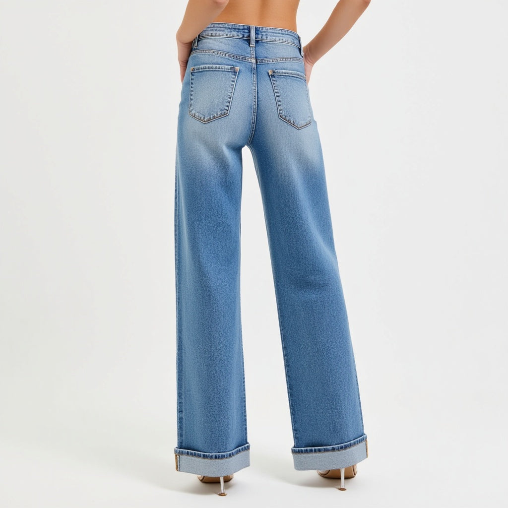 Wide Leg Button-Fly Cuffed Jeans with Front Patch Pockets