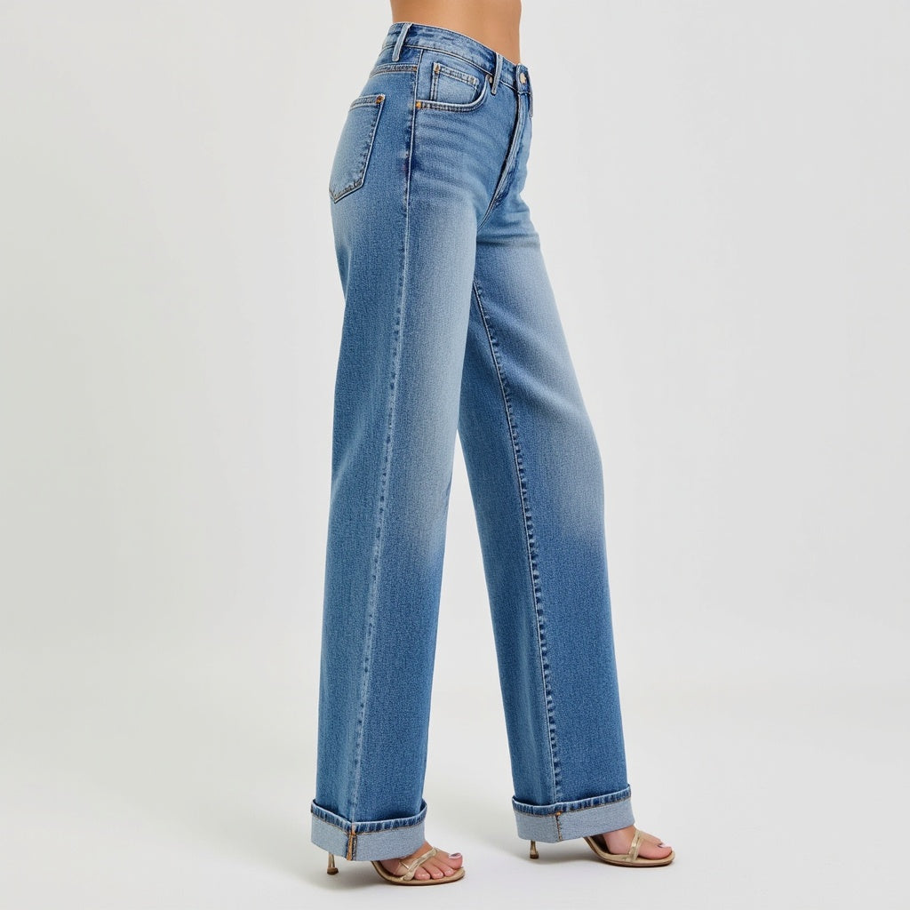 Wide Leg Button-Fly Cuffed Jeans with Front Patch Pockets