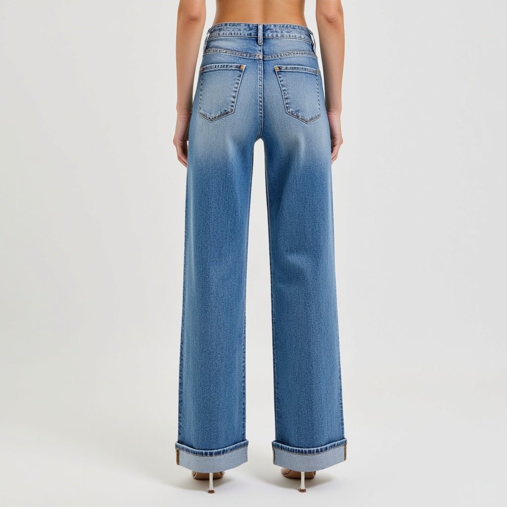 Wide Leg Button-Fly Cuffed Jeans with Front Patch Pockets
