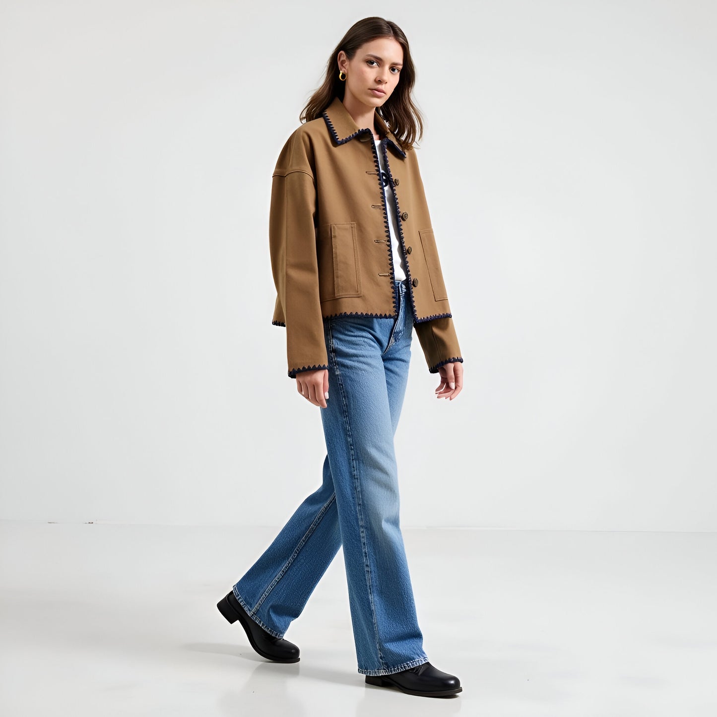 Cropped Button-Front Jacket with Contrast Scallop Trim and Patch Pocket