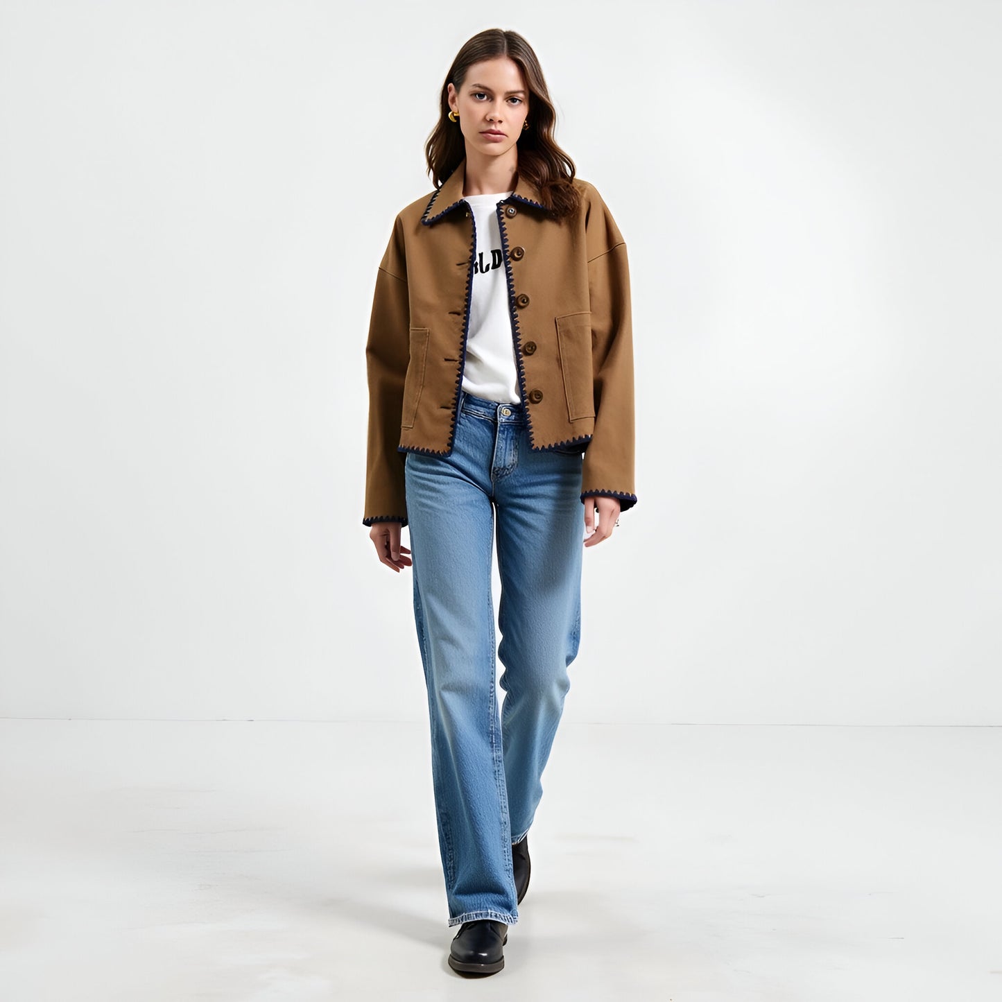 Cropped Button-Front Jacket with Contrast Scallop Trim and Patch Pocket