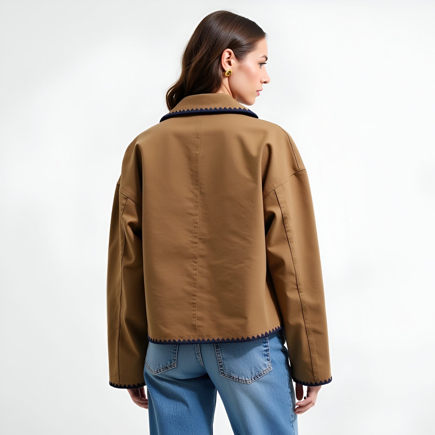 Cropped Button-Front Jacket with Contrast Scallop Trim and Patch Pocket