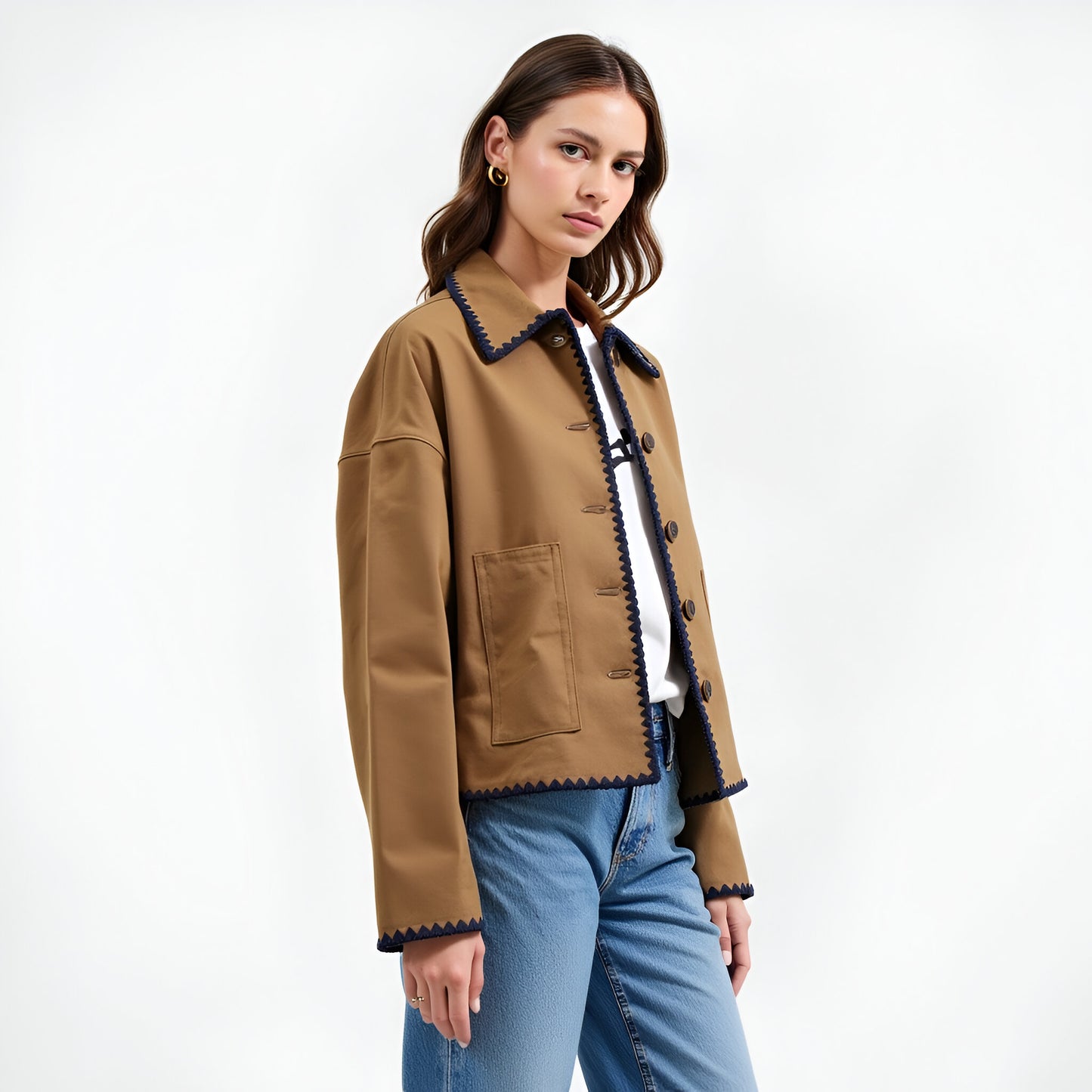 Cropped Button-Front Jacket with Contrast Scallop Trim and Patch Pocket