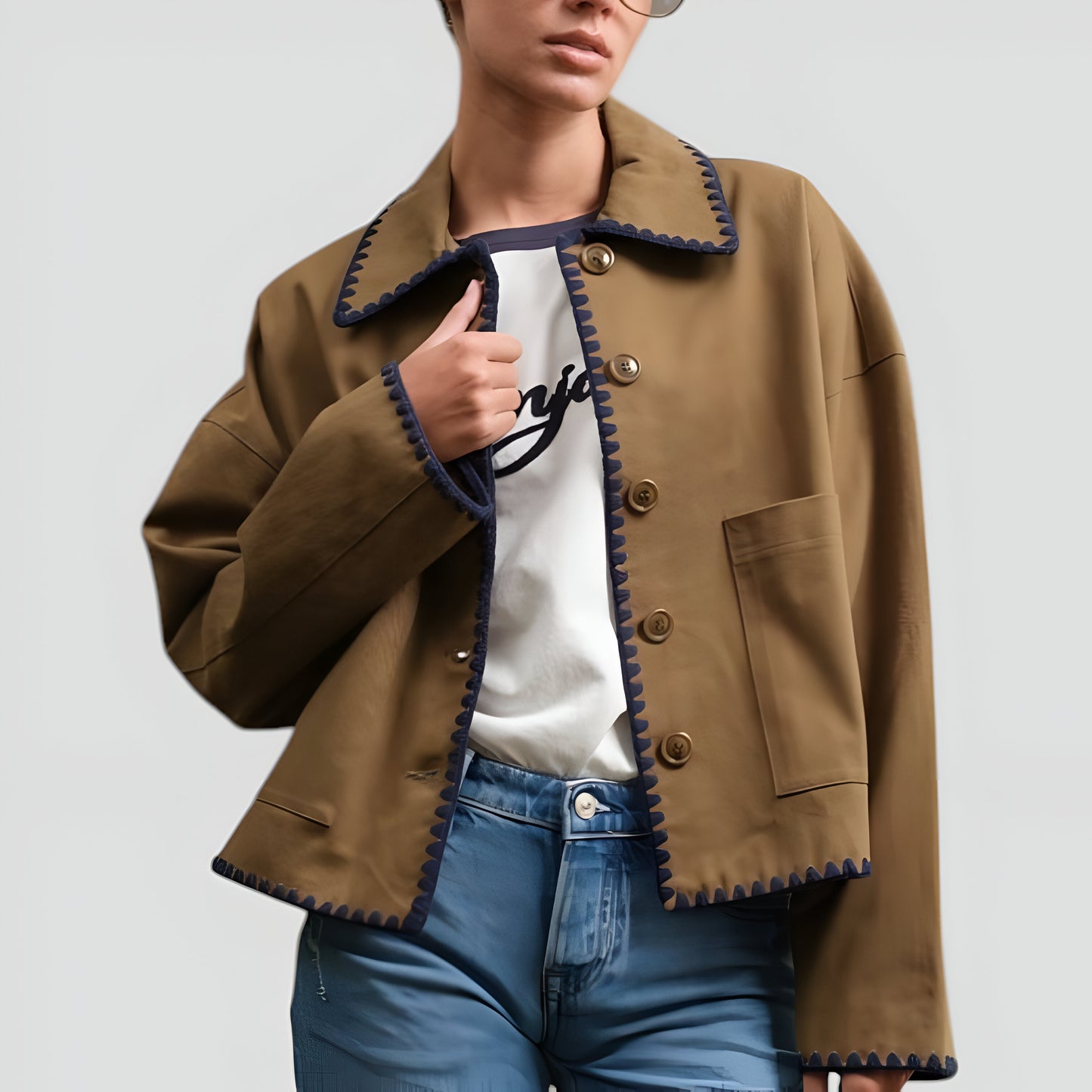 Cropped Button-Front Jacket with Contrast Scallop Trim and Patch Pocket
