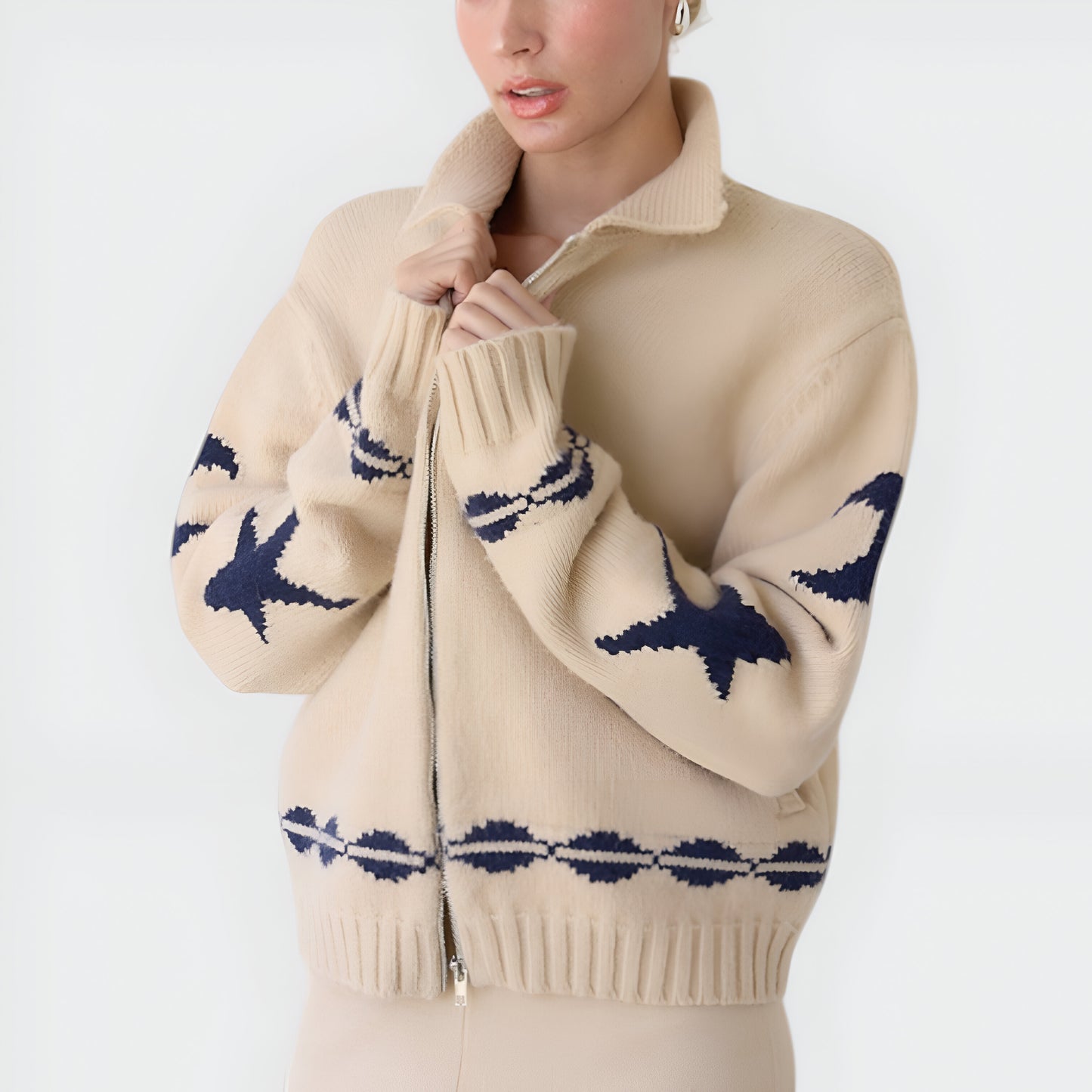 Zip-Up Knit Cardigan with Star and Wave Sleeve Pattern