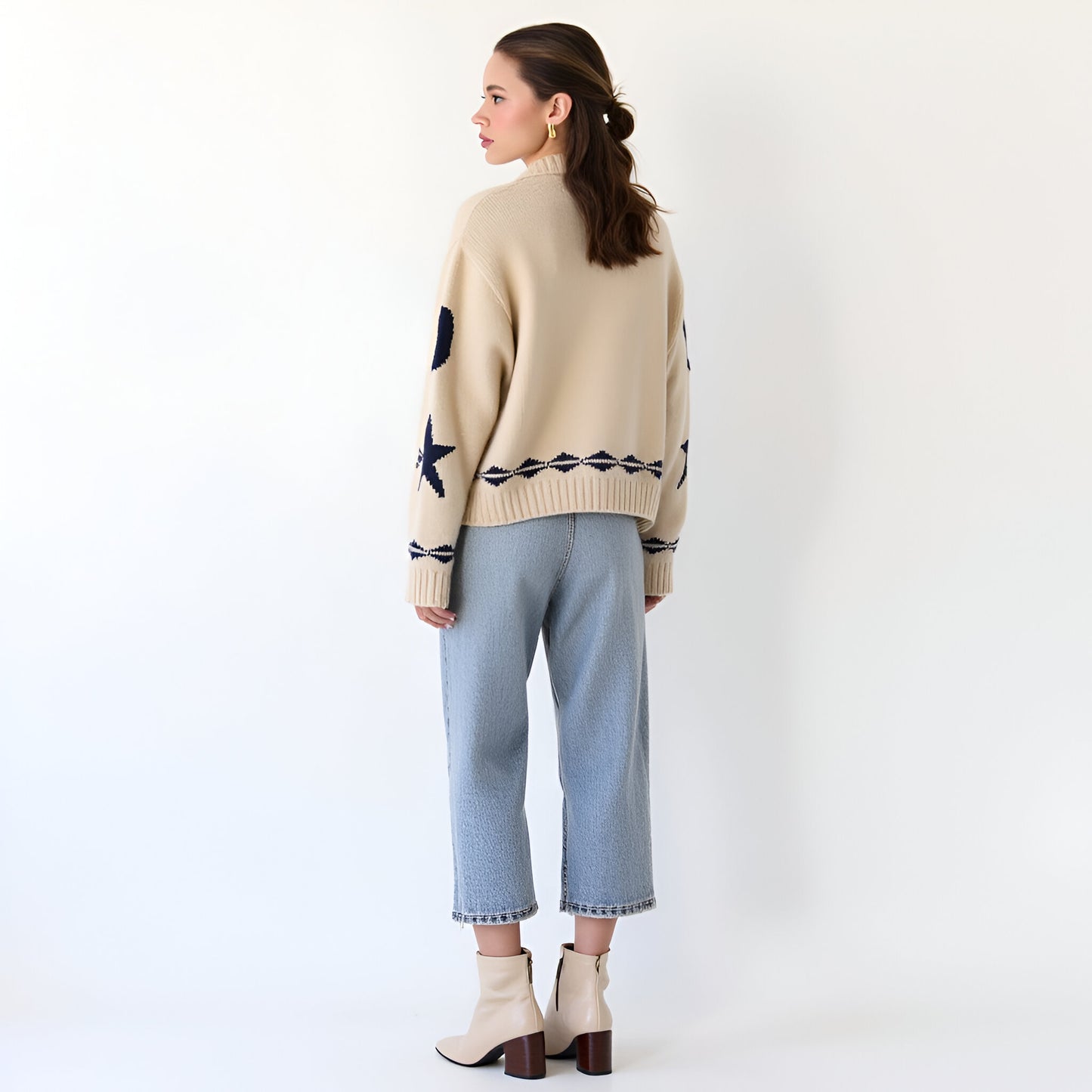 Zip-Up Knit Cardigan with Star and Wave Sleeve Pattern