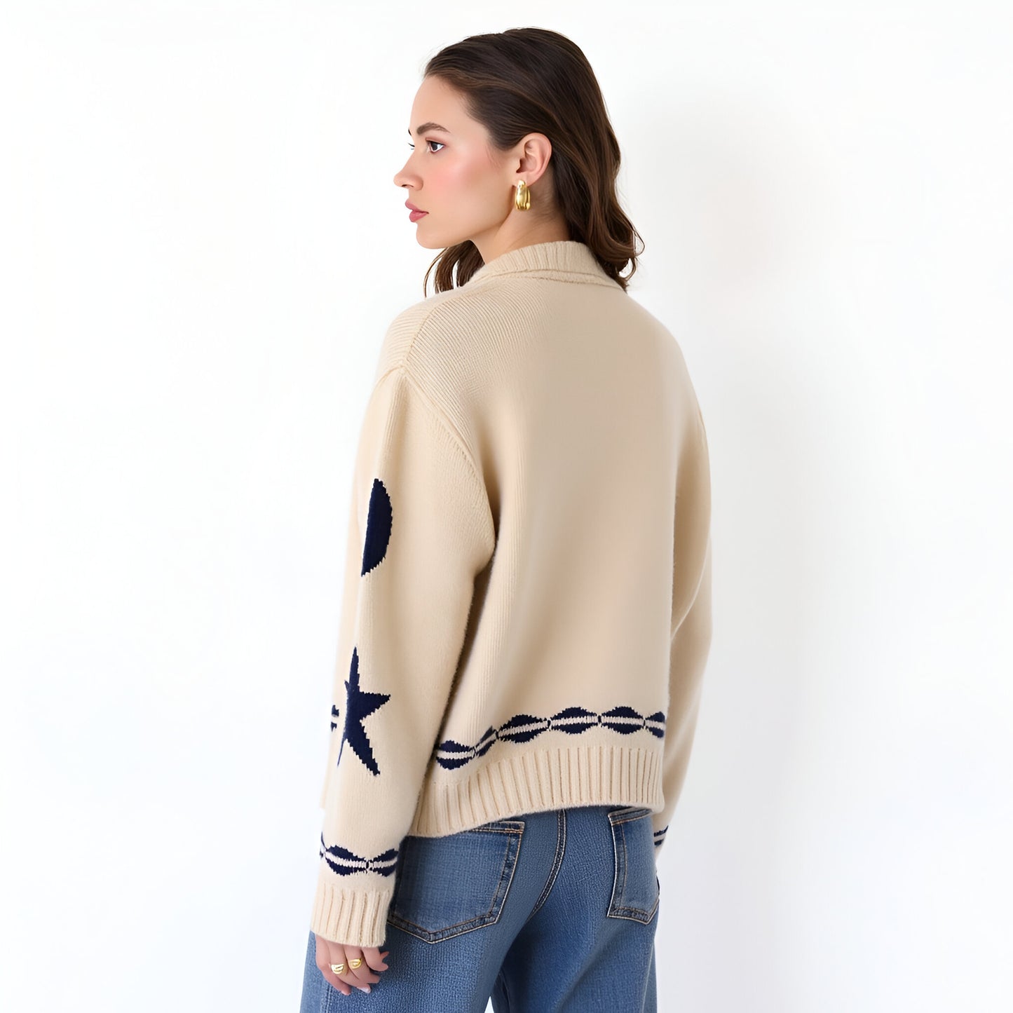 Zip-Up Knit Cardigan with Star and Wave Sleeve Pattern