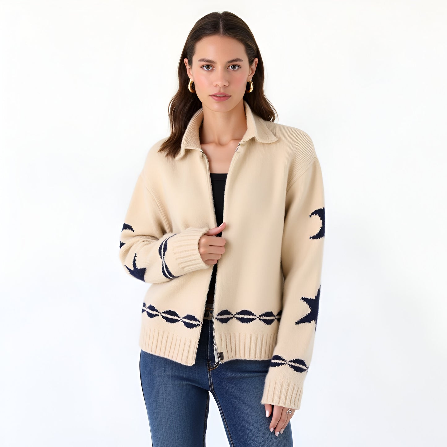 Zip-Up Knit Cardigan with Star and Wave Sleeve Pattern