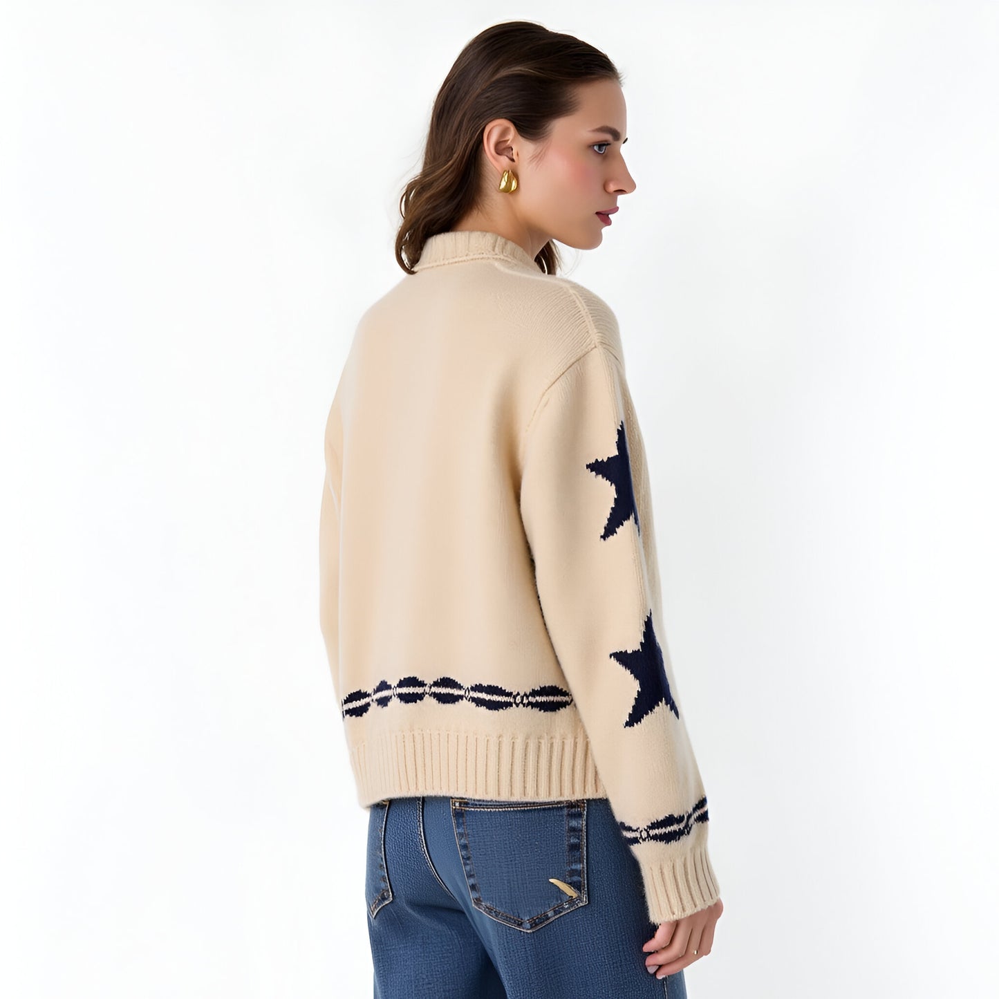 Zip-Up Knit Cardigan with Star and Wave Sleeve Pattern