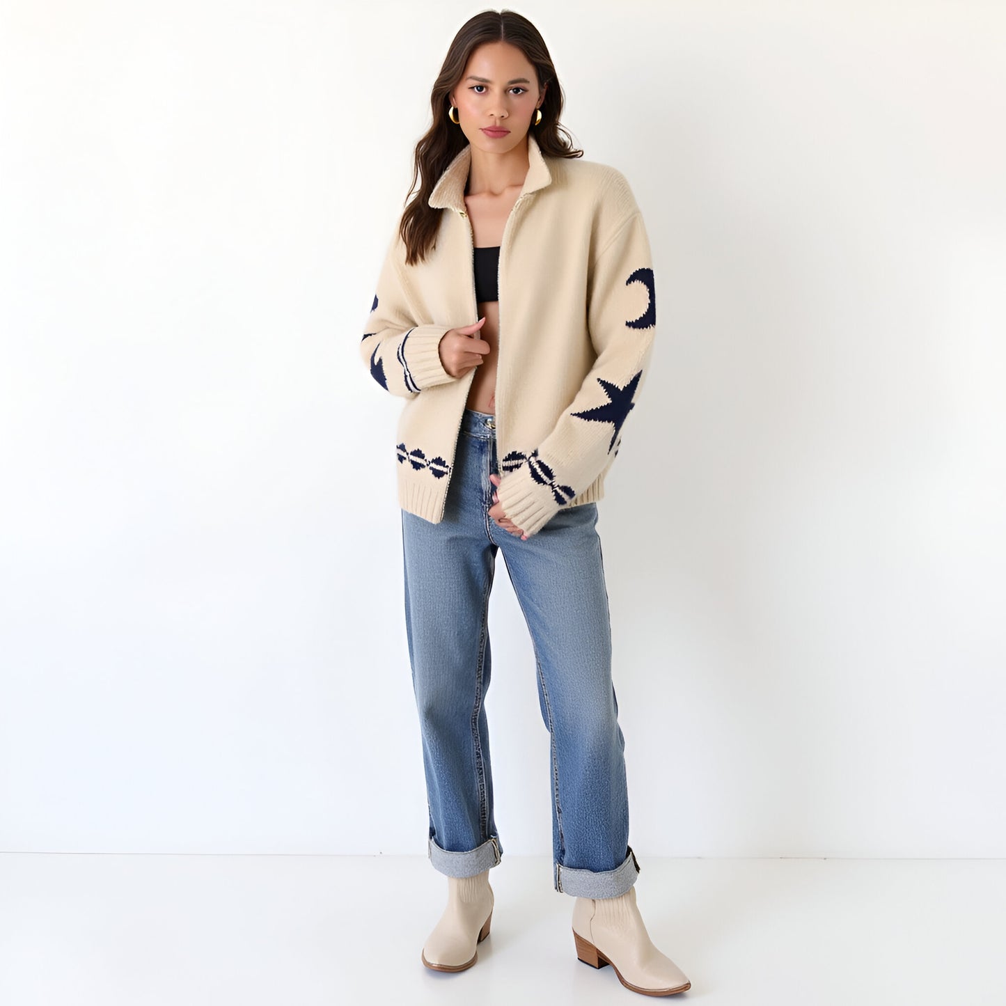 Zip-Up Knit Cardigan with Star and Wave Sleeve Pattern
