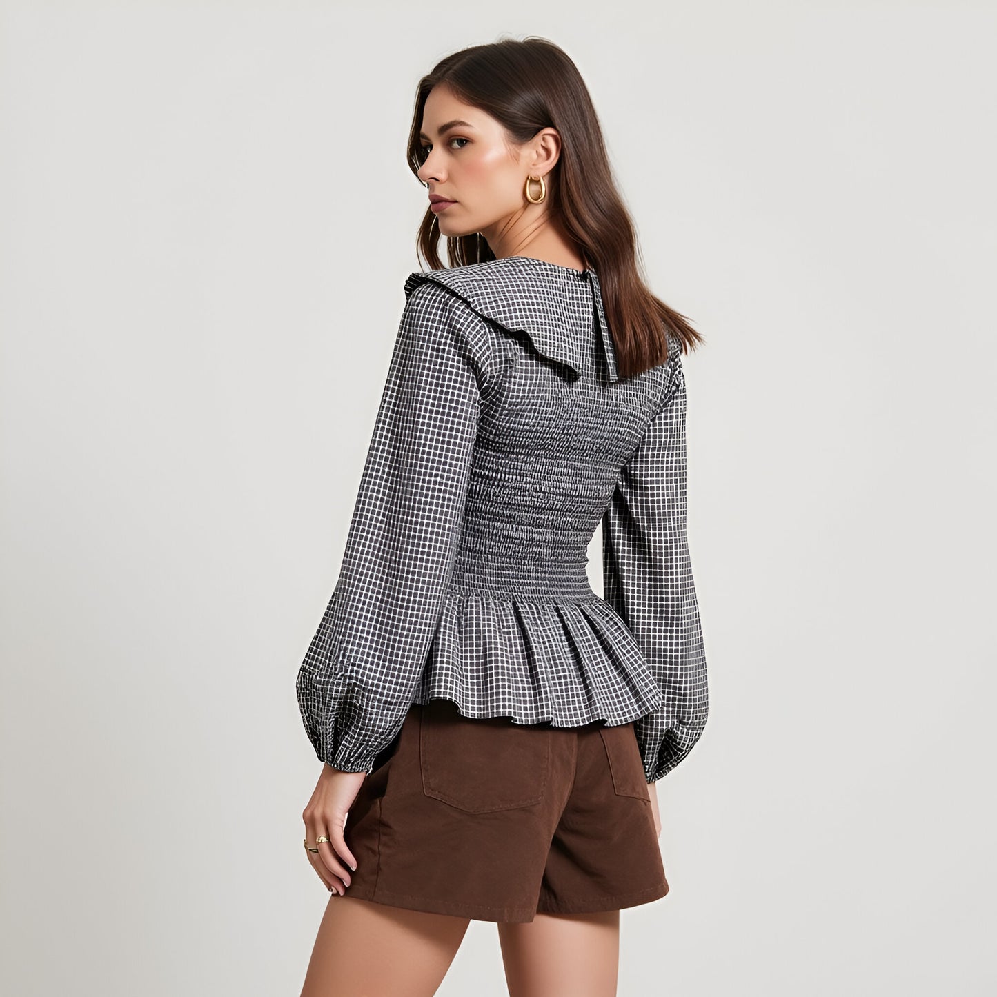 Smocked Peplum Blouse with Oversized Collar and Long Sleeves