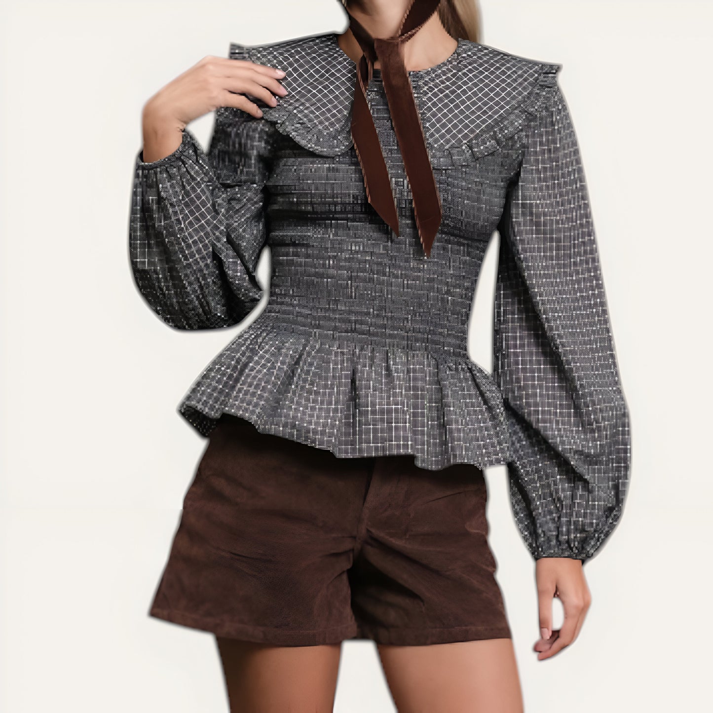 Smocked Peplum Blouse with Oversized Collar and Long Sleeves