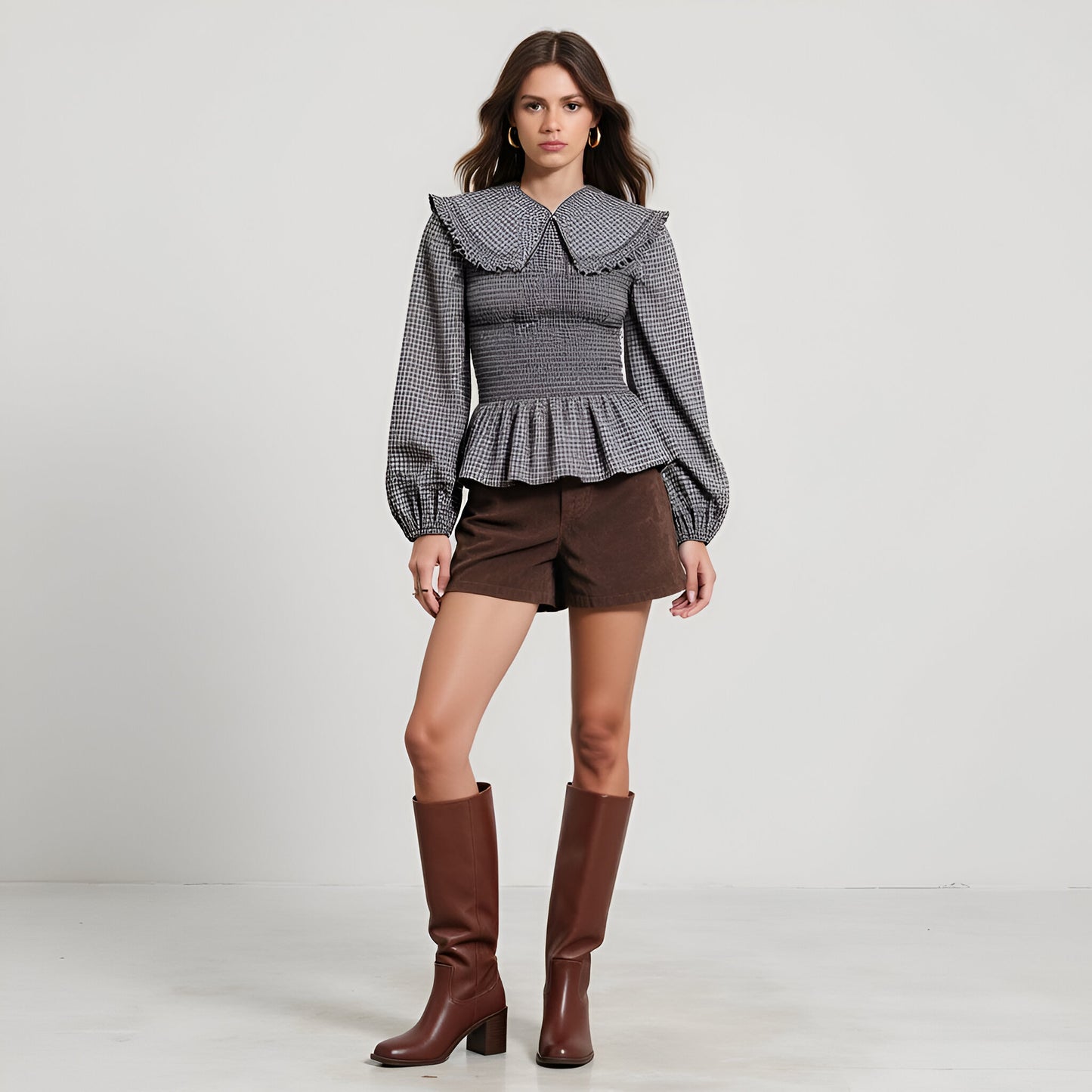 Smocked Peplum Blouse with Oversized Collar and Long Sleeves
