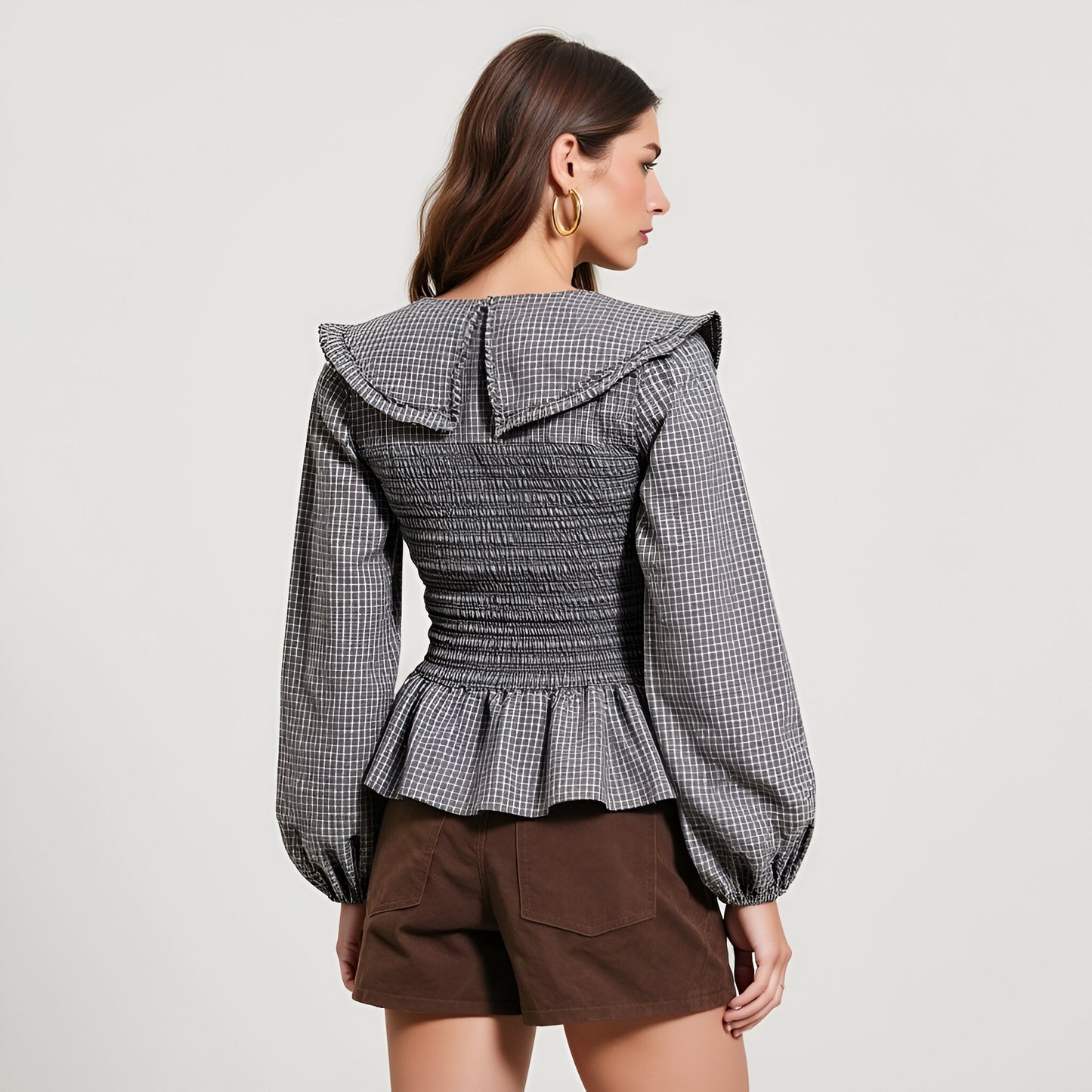 Smocked Peplum Blouse with Oversized Collar and Long Sleeves