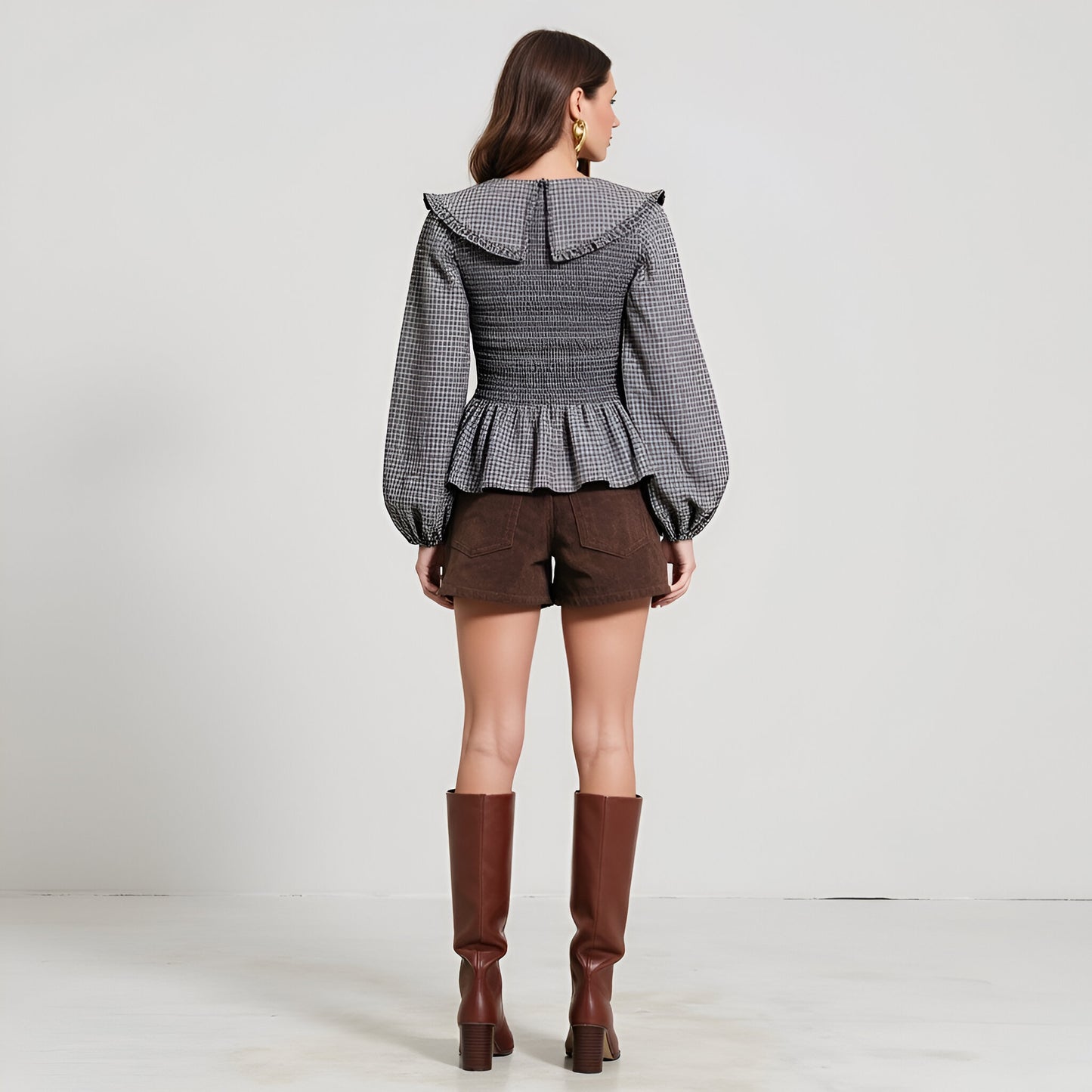 Smocked Peplum Blouse with Oversized Collar and Long Sleeves