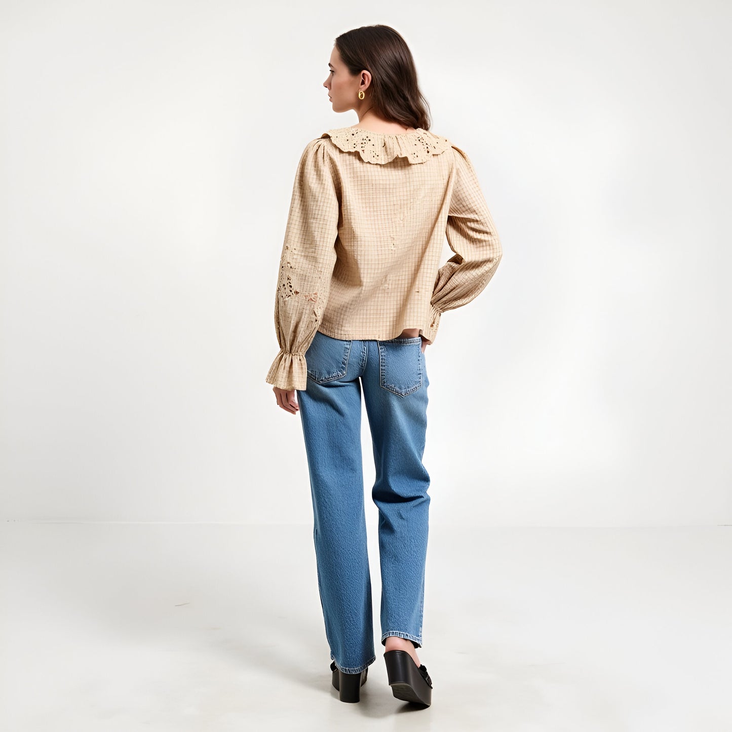 Embroidered Scallop Trim Blouse with Ruffle Collar and Long Sleeves