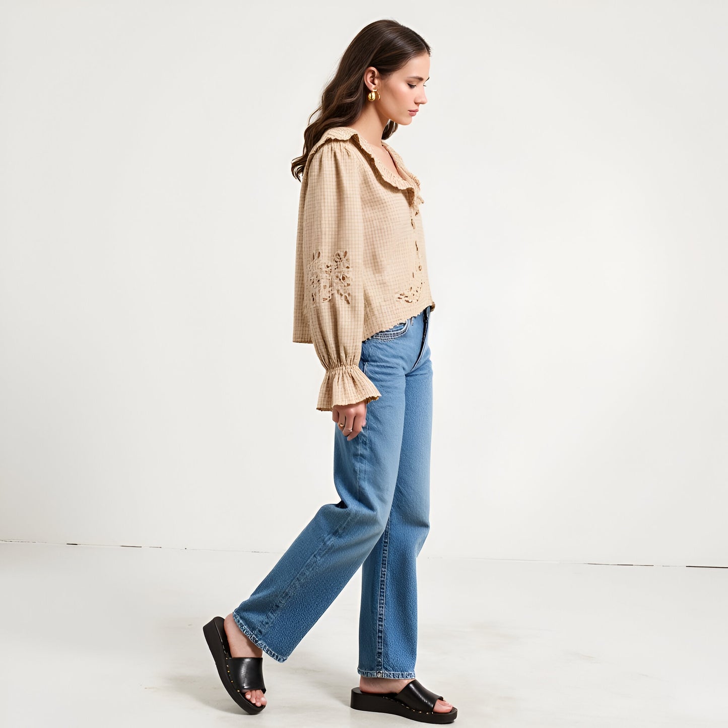 Embroidered Scallop Trim Blouse with Ruffle Collar and Long Sleeves