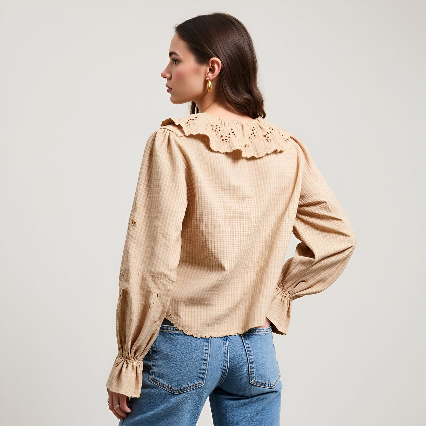 Embroidered Scallop Trim Blouse with Ruffle Collar and Long Sleeves