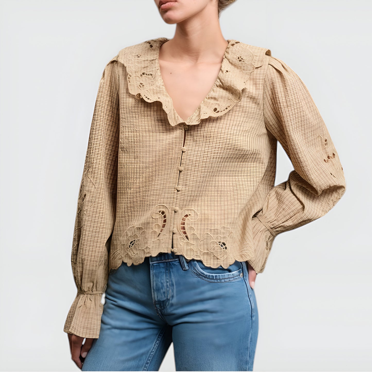 Embroidered Scallop Trim Blouse with Ruffle Collar and Long Sleeves