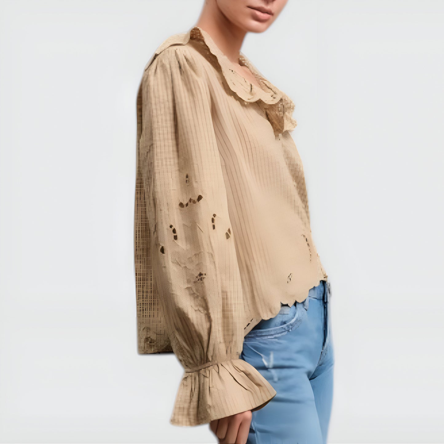 Embroidered Scallop Trim Blouse with Ruffle Collar and Long Sleeves