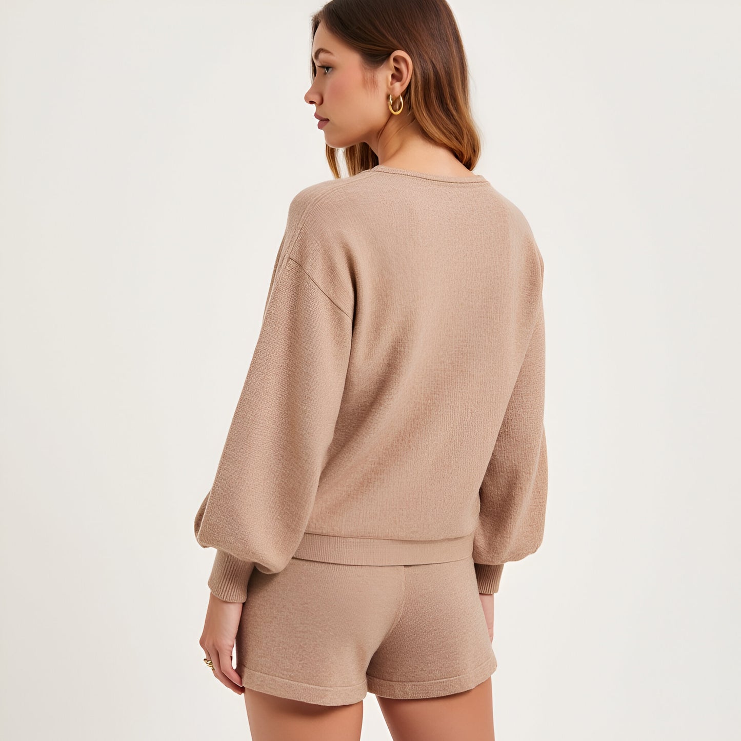 Balloon Sleeve Knit Pullover and Drawstring Shorts Lounge Set