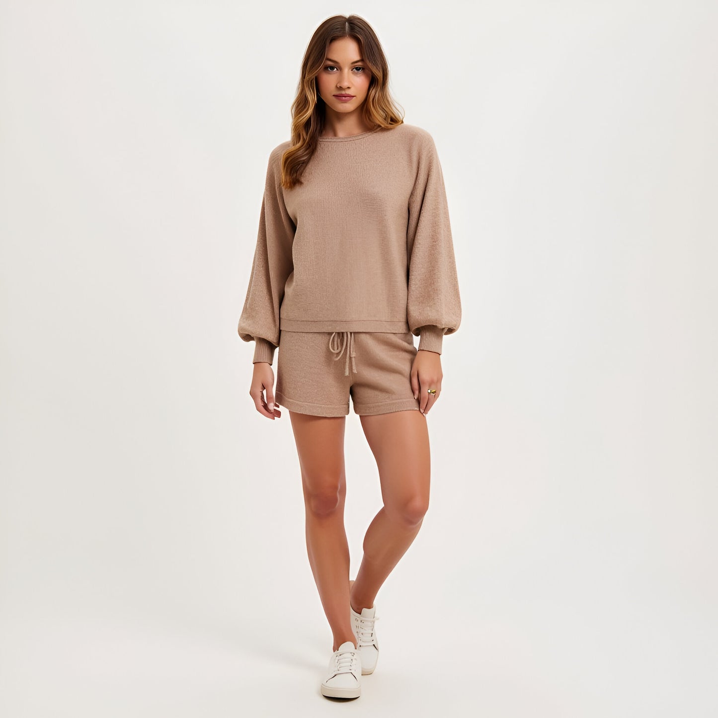 Balloon Sleeve Knit Pullover and Drawstring Shorts Lounge Set