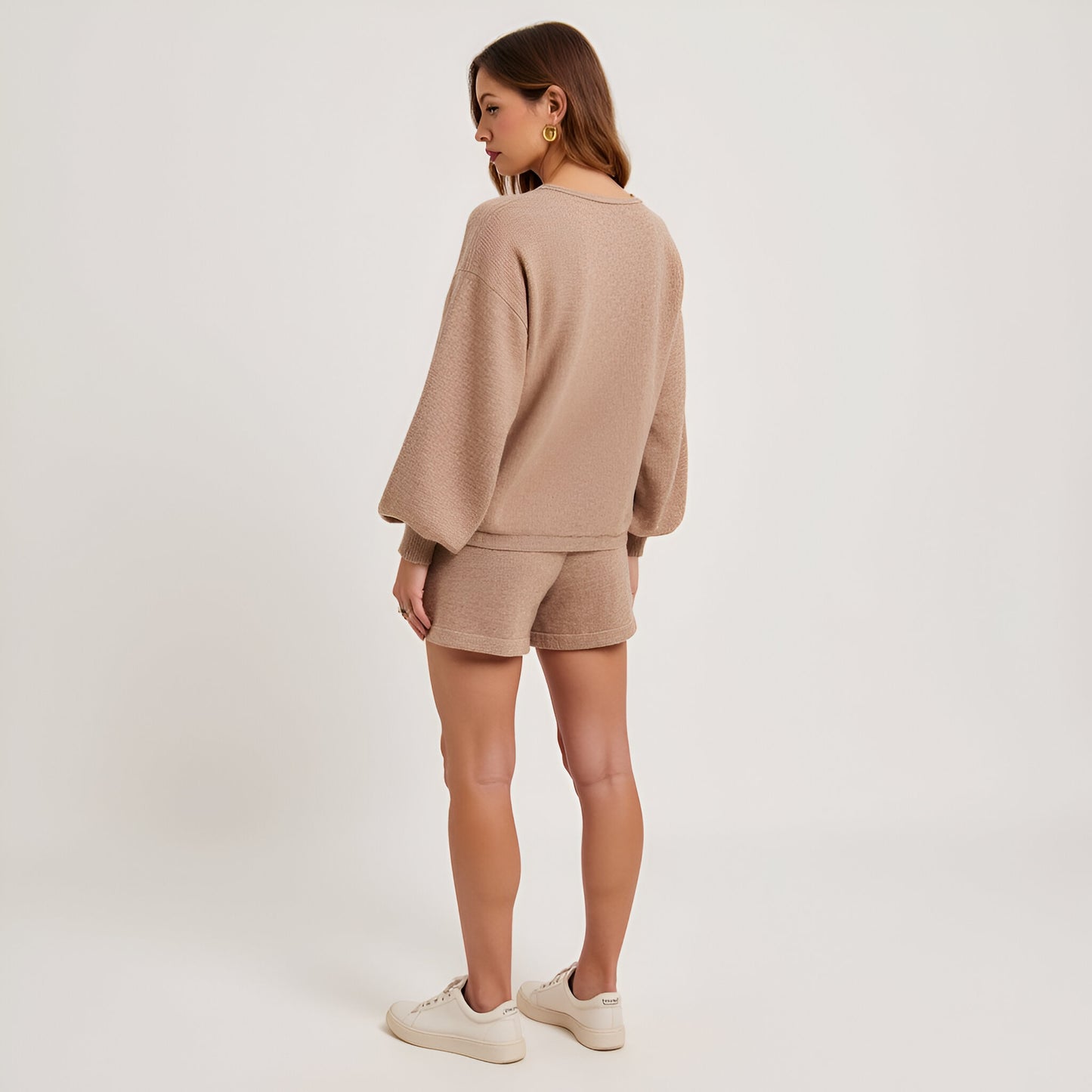 Balloon Sleeve Knit Pullover and Drawstring Shorts Lounge Set