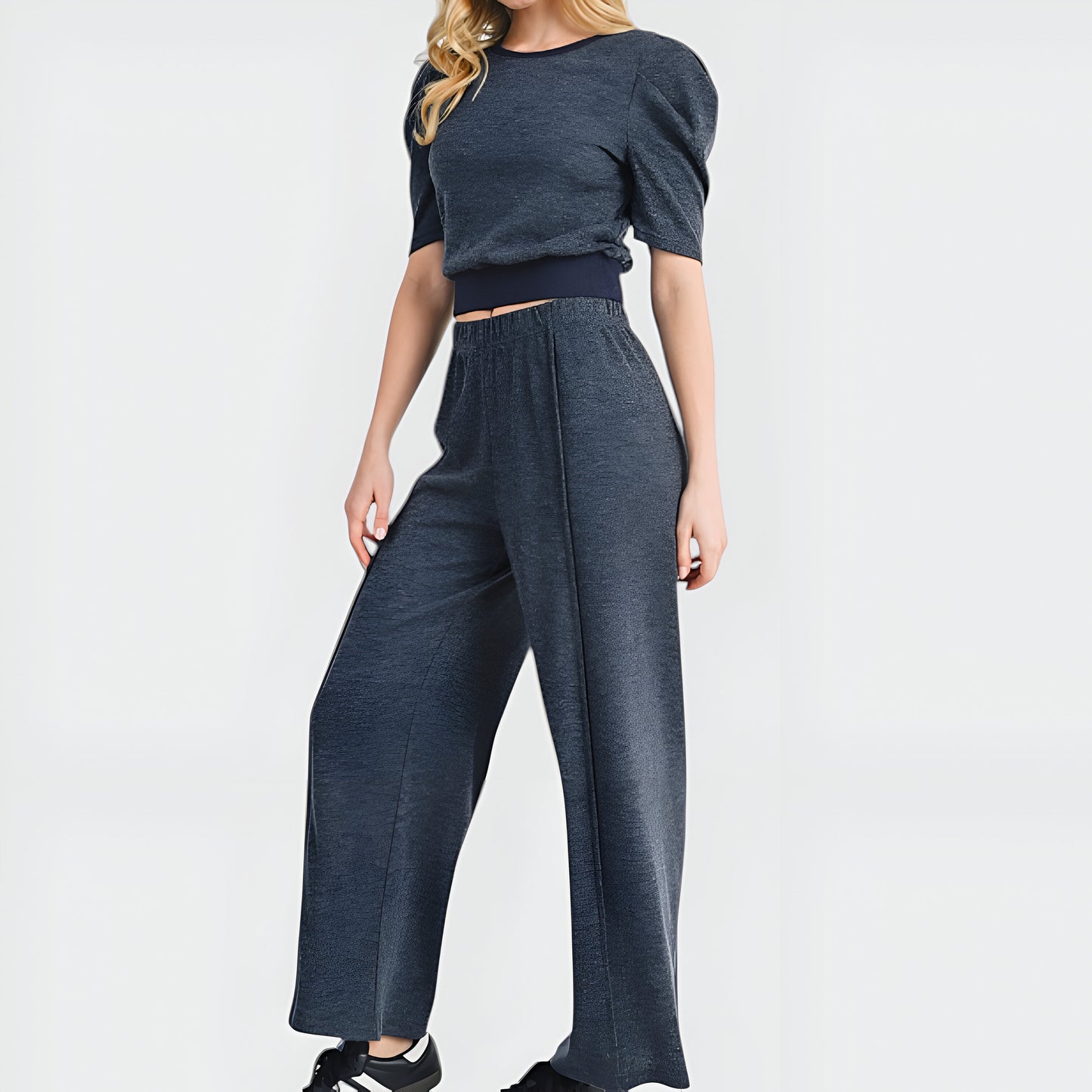 Puff Sleeve Knit Top and Wide Leg Pants Set with Stretch Waistband