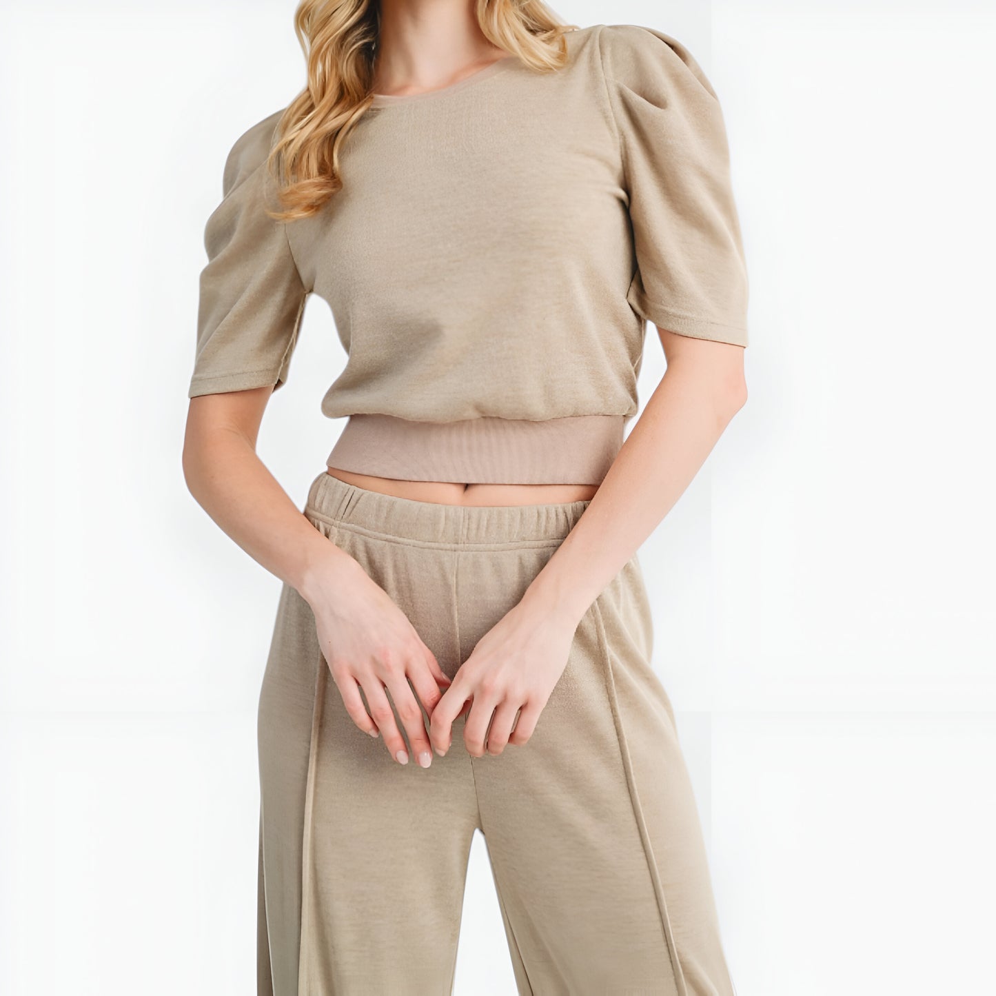 Puff Sleeve Knit Top and Wide Leg Pants Set with Stretch Waistband