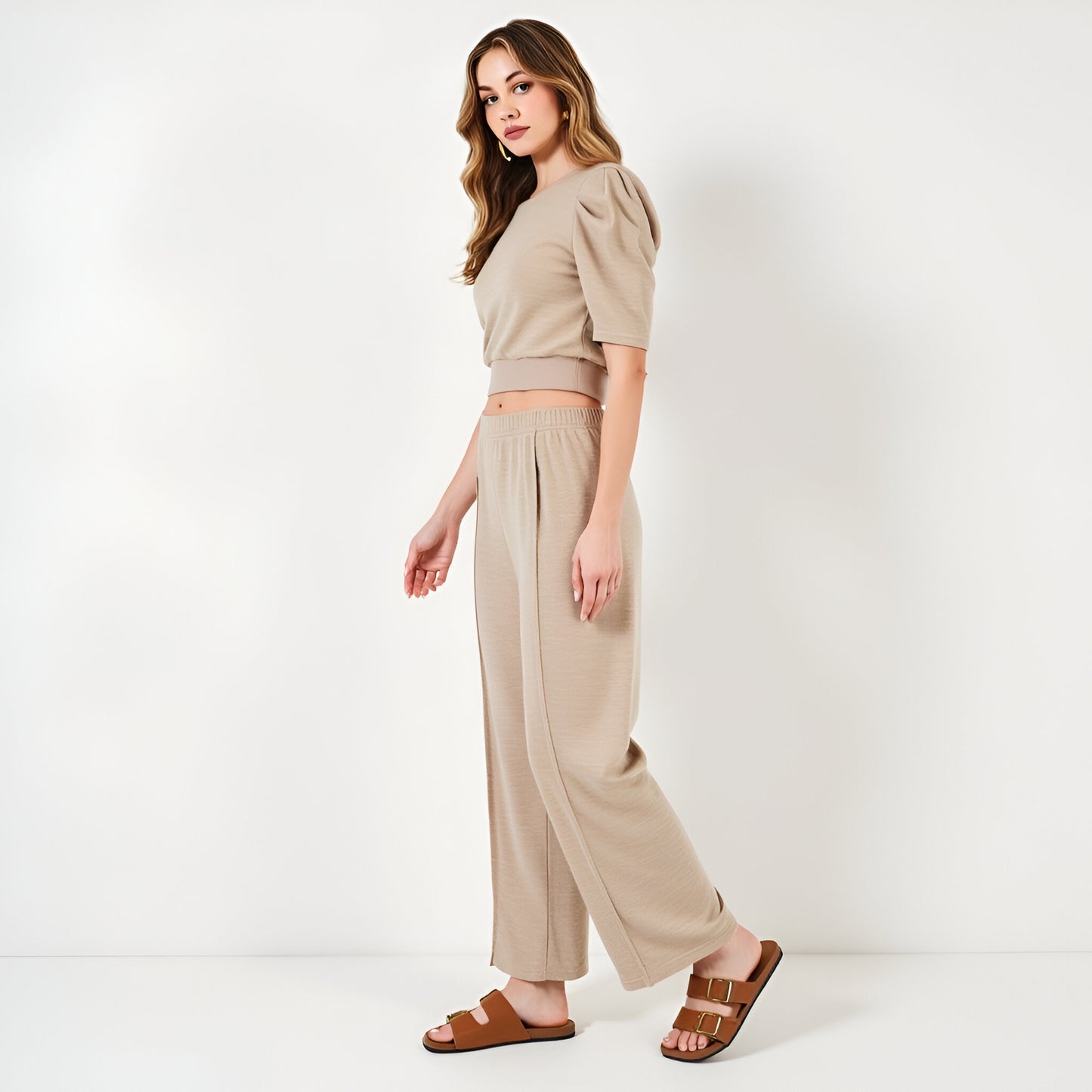 Puff Sleeve Knit Top and Wide Leg Pants Set with Stretch Waistband