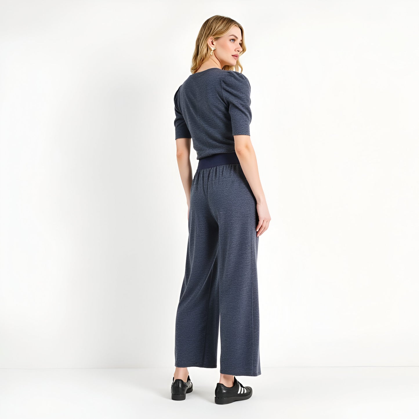 Puff Sleeve Knit Top and Wide Leg Pants Set with Stretch Waistband
