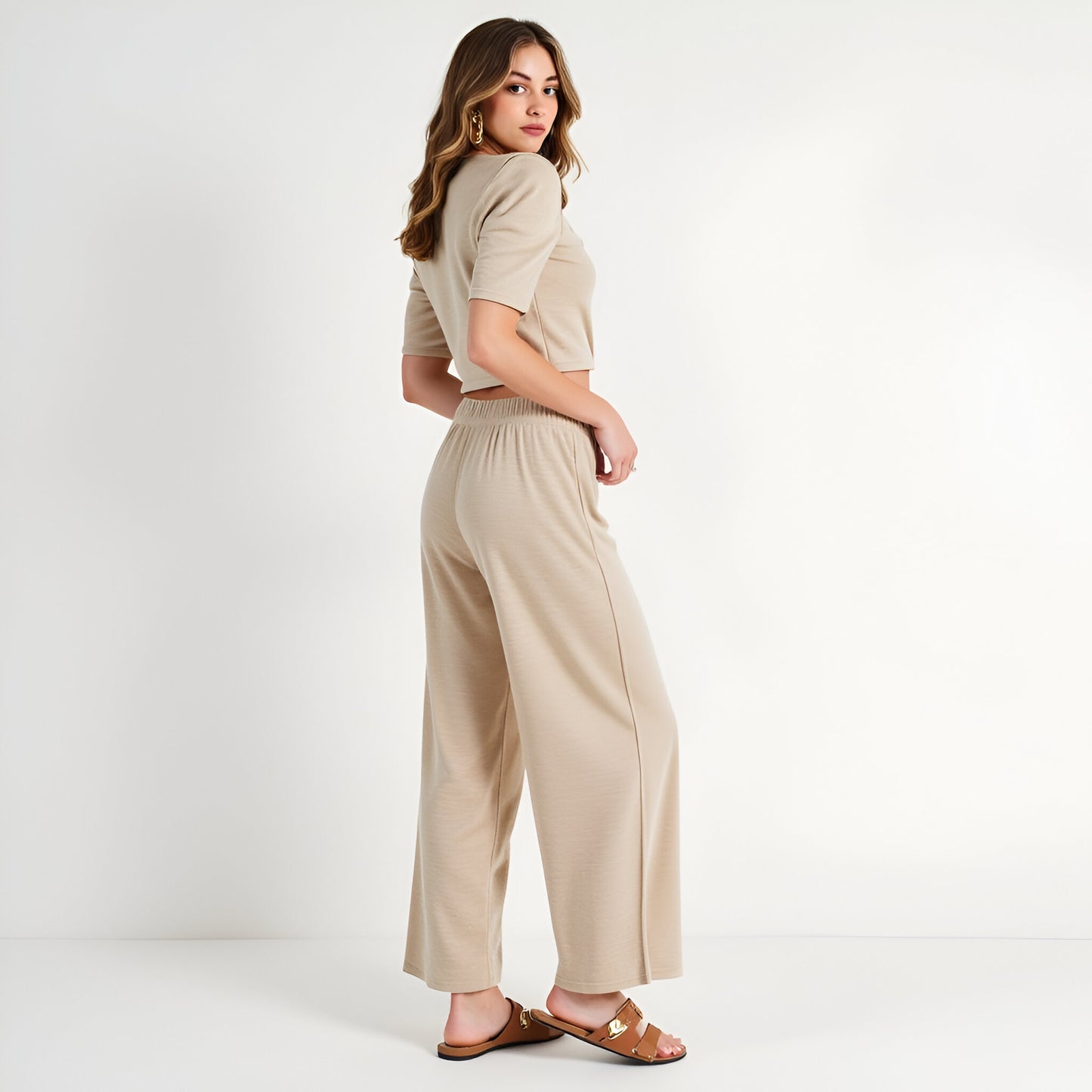 Puff Sleeve Knit Top and Wide Leg Pants Set with Stretch Waistband