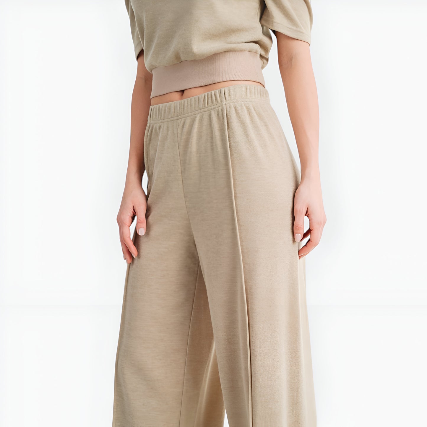 Puff Sleeve Knit Top and Wide Leg Pants Set with Stretch Waistband
