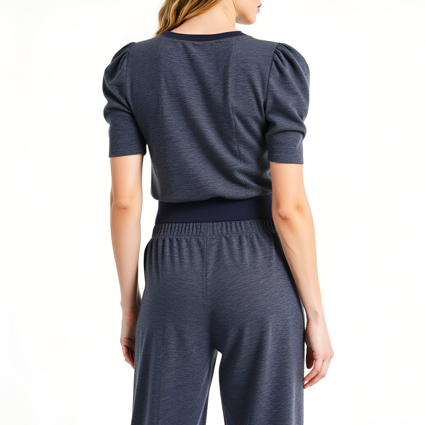 Puff Sleeve Knit Top and Wide Leg Pants Set with Stretch Waistband