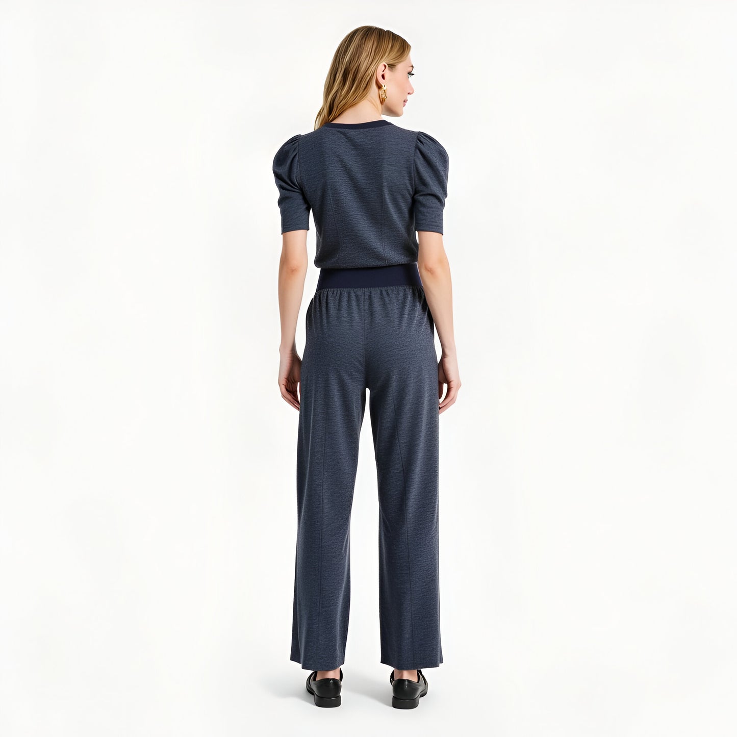 Puff Sleeve Knit Top and Wide Leg Pants Set with Stretch Waistband