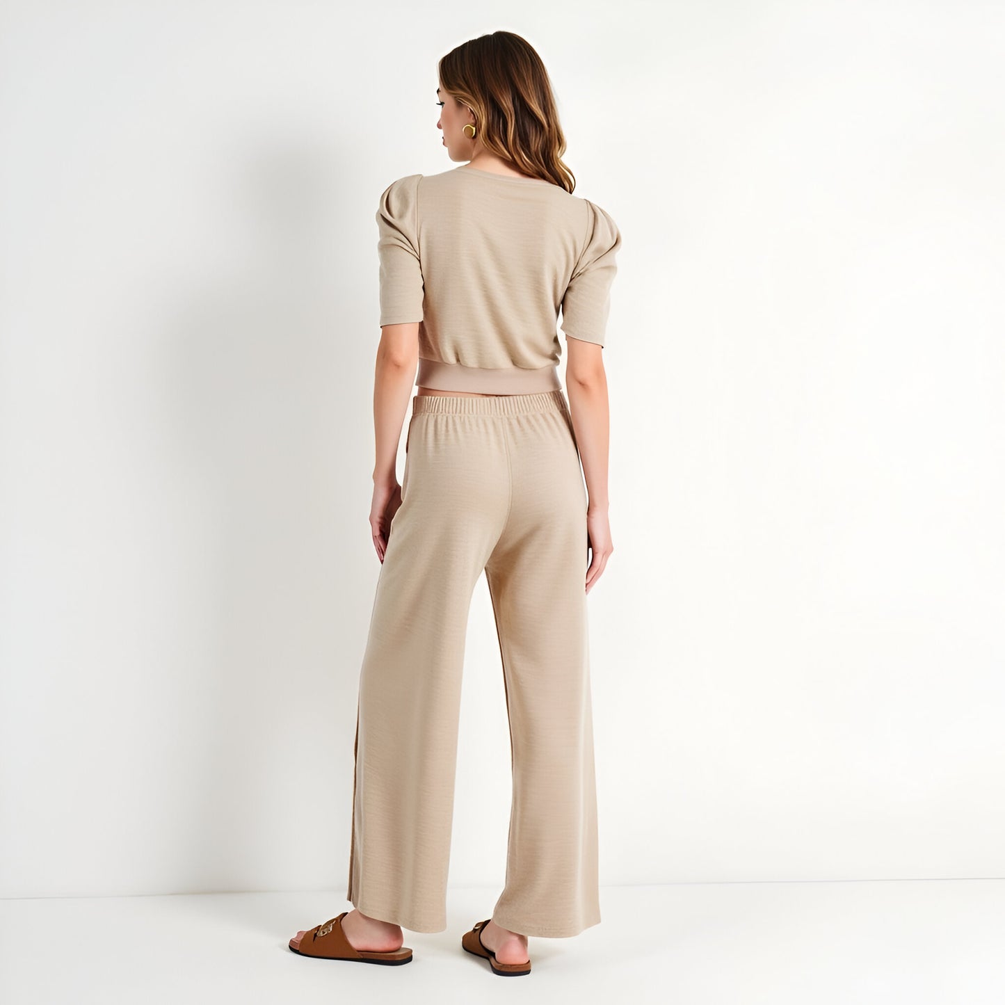 Puff Sleeve Knit Top and Wide Leg Pants Set with Stretch Waistband