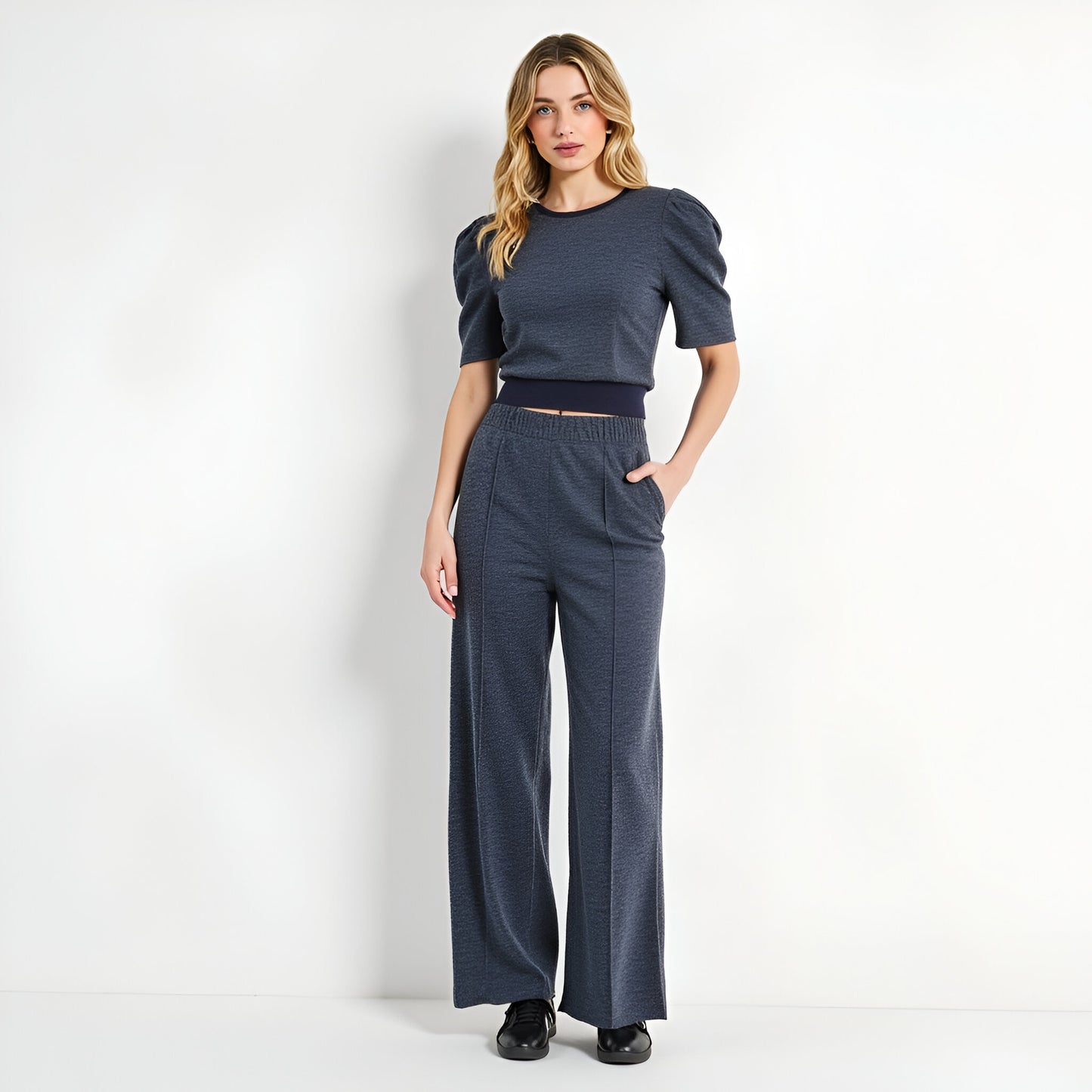 Puff Sleeve Knit Top and Wide Leg Pants Set with Stretch Waistband
