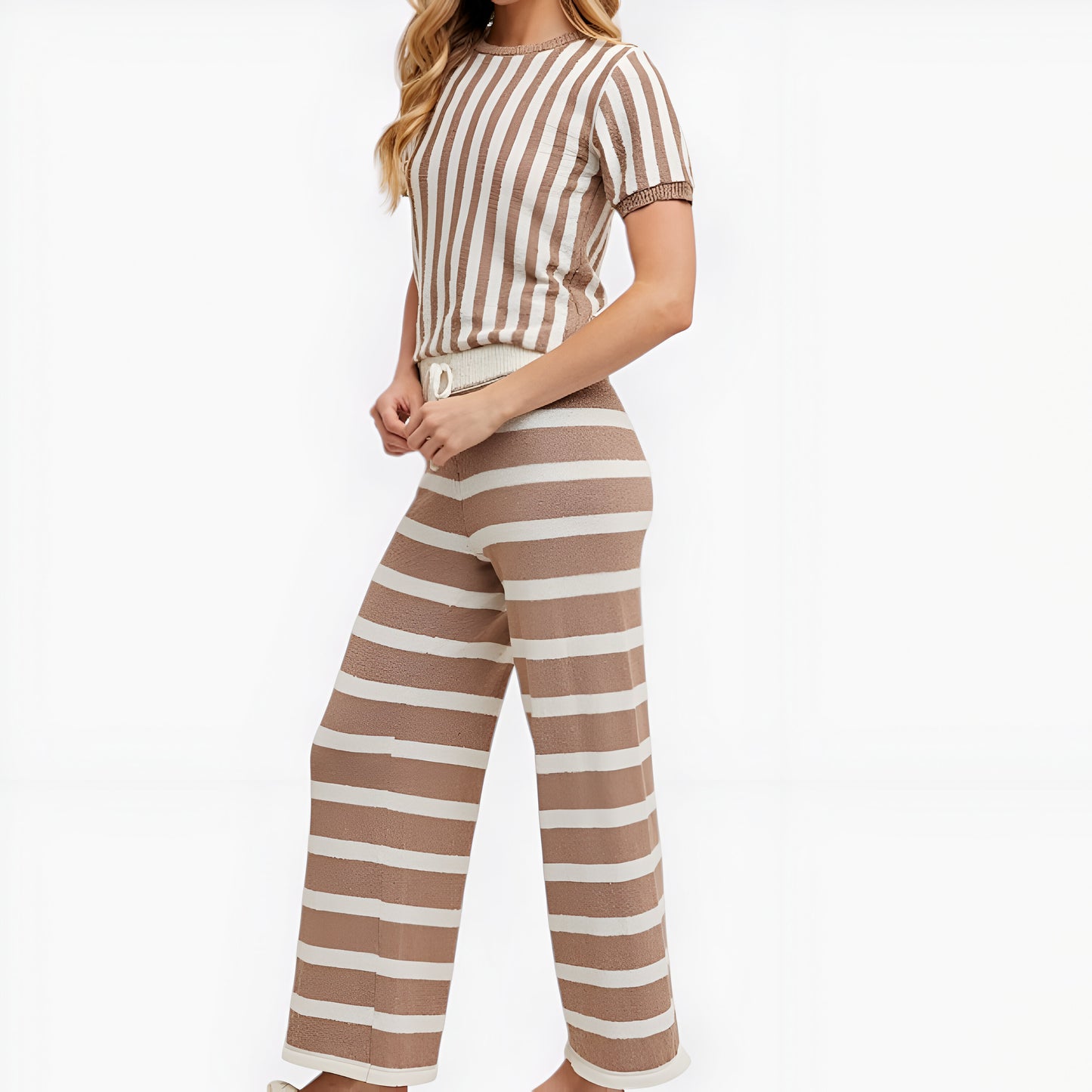 Striped Short Sleeve Knit Top and Wide Leg Pants Lounge Set with Drawstring