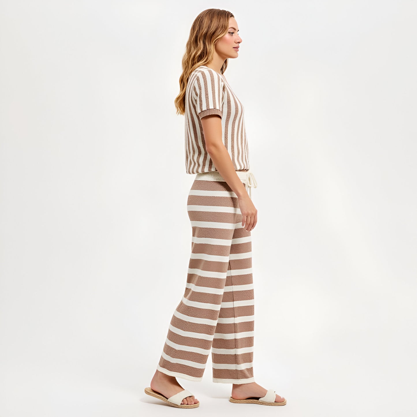 Striped Short Sleeve Knit Top and Wide Leg Pants Lounge Set with Drawstring