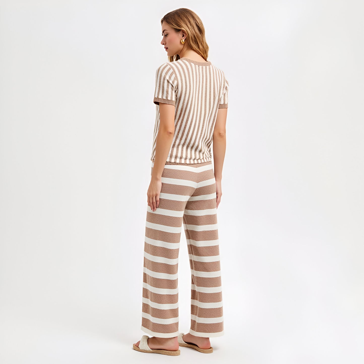 Striped Short Sleeve Knit Top and Wide Leg Pants Lounge Set with Drawstring